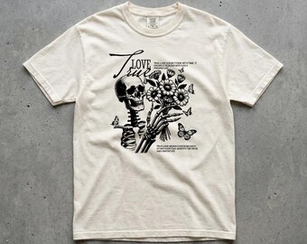 True Love Graphic Tee, Skeleton Wildflower Butterfly Dark Botanical, Cottagecore Gothic Romance Style, Comfort Colors