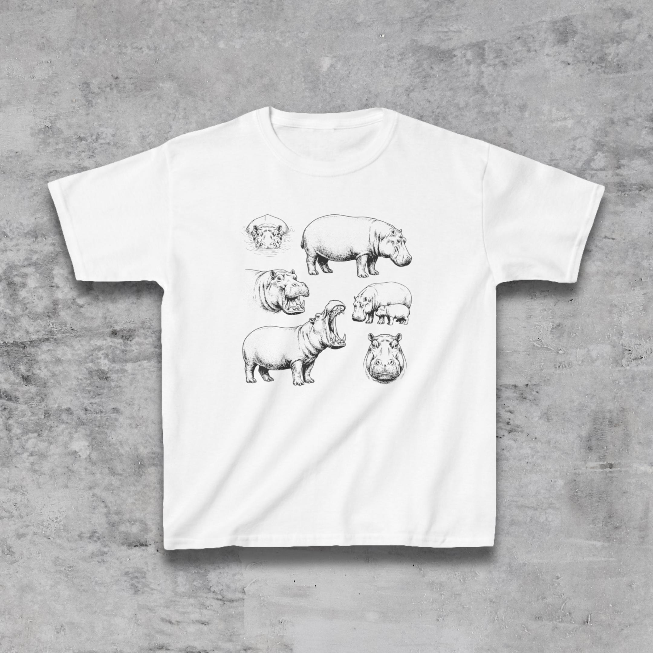 Hippo Vintage Wildlife Kids T-Shirt, Retro Animal Graphic Tee, Gildan Youth Heavy Cotton Shirt