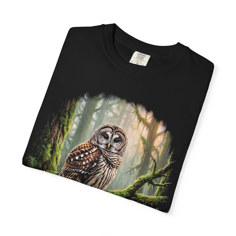 Black Comfort Colors 1717 garment-dyed t-shirt featuring a full-color 90s airbrush-style illustration of a barred owl perched on a moss-covered branch in a misty old-growth forest, with warm golden light glowing through rain-streaked trees draped in green moss and ferns, the design fading organically into the black garment, shown folded on a white background — unisex graphic tee.