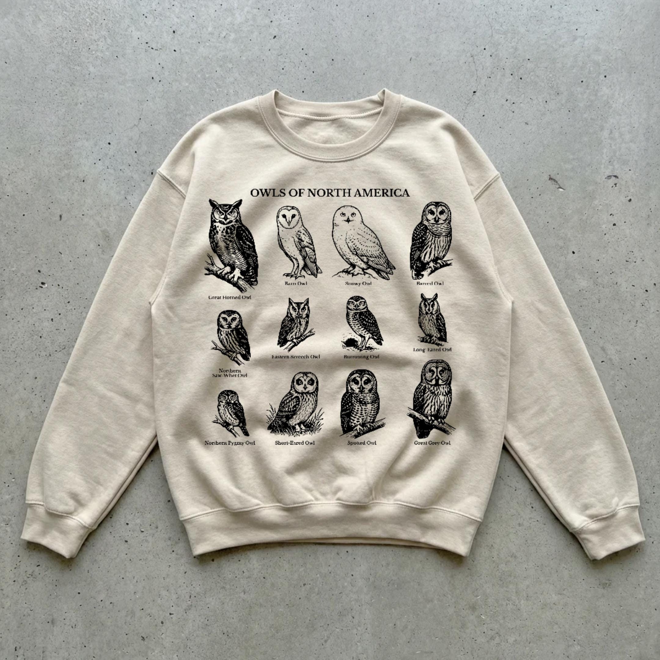 Owls of North America Sweatshirt, Vintage Field Guide Illustration Graphic, Gildan Unisex Crewneck
