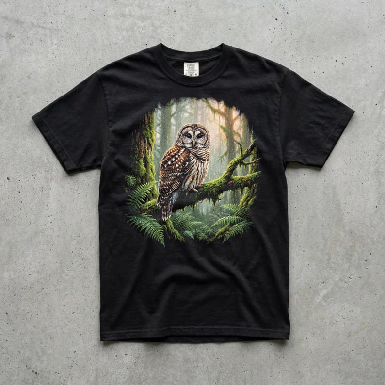 Black Comfort Colors garment-dyed t-shirt featuring a full-color 90s airbrush-style oval vignette illustration of a barred owl perched on a moss-draped old-growth forest branch facing forward, surrounded by ferns and ancient trees in warm golden-green atmospheric light — unisex graphic tee laid flat on a concrete surface.