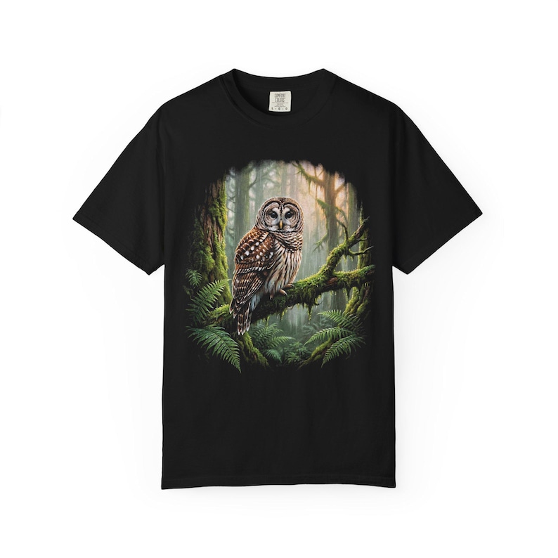Black Comfort Colors garment-dyed t-shirt featuring a full-color 90s airbrush-style oval vignette illustration of a barred owl perched on a moss-draped old-growth forest branch facing forward, surrounded by ferns and ancient trees in warm golden-green atmospheric light — unisex graphic tee.