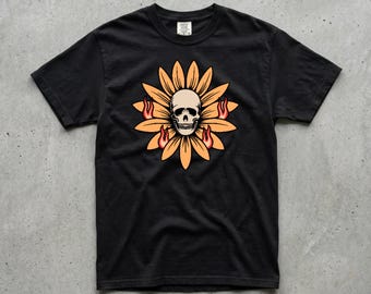 Sunflower Skull T-Shirt, Dark Floral Flame, Gothic Graphic, Comfort Colors Unisex Tee