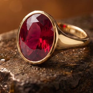 Könnte beinhalten: Ein Goldring mit einem großen, oval geschliffenen, tiefroten Edelstein in einer glatten Zargenfassung. Die Ringschiene ist aus poliertem Gold und der Stein weist mehrere Facetten auf, die das Licht reflektieren. Der Text MysteriousTreasureIN ist sichtbar.