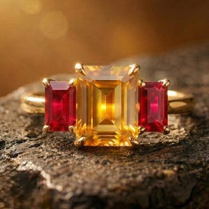 Emerald Cut Citrine Ring, Ruby Side Stone Ring, Art Deco Citrine & Ruby Ring, Elegant Three Stone Ring, Vintage Inspired Statement Ring