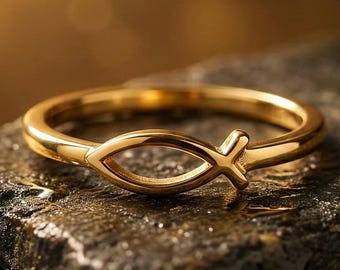 Anillo de pez Ichthys, anillo cristiano de oro macizo de 14 k, alianza de compromiso Ichthys, pez Ichthys de Jesús, joyería cristiana de pez, joyería única