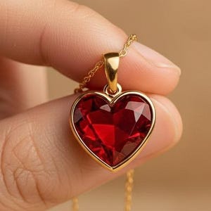 Può includere: Una collana dorata con un ciondolo a forma di cuore con una gemma rossa scura sfaccettata. La catena è sottile e dorata. Lo sfondo è di colore neutro.