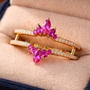 Pink Ruby Marquise Wedding Band Enhancer, Crown Ring Guard in 14K Gold, Curved Moissanite Stacking Band, Anniversary Gift