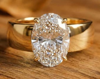 Solitaire Oval Cut Moissanite Ring, Thick Band Stackable Ring, Single Stone Wide Band Ring, Cigar Band  Statement Ring, luxury Jewelry