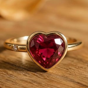 Bezel Set Heart Ruby Promise Ring, Minimalist Lab Created Ruby Engagement Ring with Moissanite, Dainty Stackable Anniversary Gift for Her