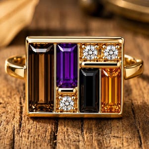 Puede incluir: Un anillo de oro con una cara rectangular con varias piedras preciosas. Las piedras preciosas est&aacute;n dispuestas en un patr&oacute;n geom&eacute;trico e incluyen piedras rectangulares marrones, moradas, negras y naranjas, adem&aacute;s de peque&ntilde;as piedras blancas. El anillo est&aacute; sobre una superficie de madera.