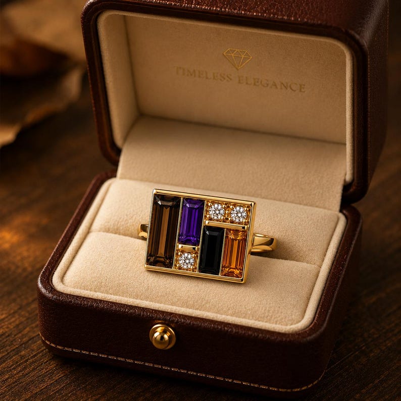 Puede incluir: Un anillo de oro con una cara rectangular que presenta un mosaico de piedras preciosas en marr&oacute;n, morado, negro y naranja, acentuado con peque&ntilde;os diamantes. El anillo se exhibe en un joyero de cuero marr&oacute;n con las palabras "Timeless Elegance".