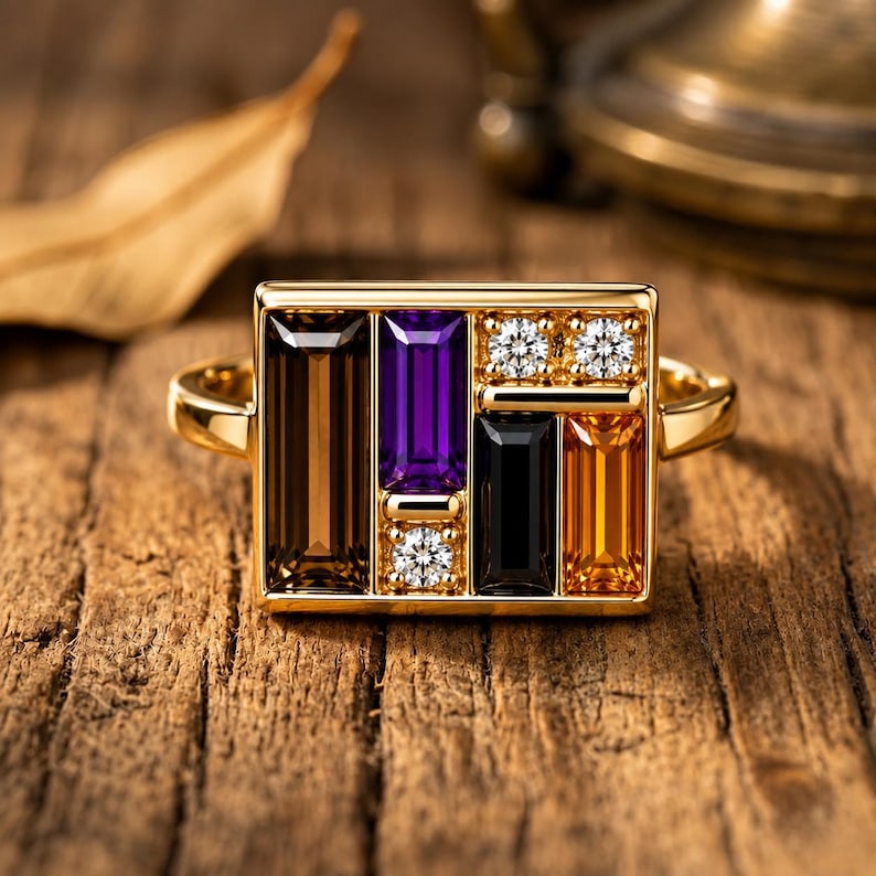 Puede incluir: Un anillo de oro con una cara rectangular con varias piedras preciosas. Las piedras preciosas est&aacute;n dispuestas en un patr&oacute;n geom&eacute;trico e incluyen piedras rectangulares marrones, moradas, negras y naranjas, adem&aacute;s de peque&ntilde;as piedras blancas. El anillo est&aacute; sobre una superficie de madera.