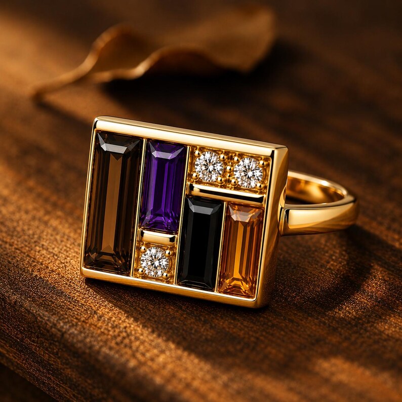 Puede incluir: Un anillo de oro con una cara rectangular que presenta un mosaico de piedras preciosas. Las piedras preciosas incluyen piedras rectangulares marrones, moradas, negras y naranjas, junto con peque&ntilde;as piedras redondas y claras. El anillo est&aacute; sobre una superficie de madera.