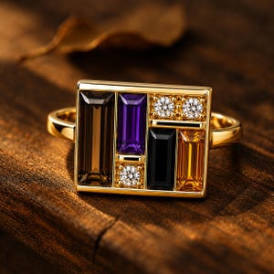 Puede incluir: Un anillo de oro con una cara rectangular que presenta una disposici&oacute;n de piedras preciosas rectangulares y cuadradas en tonos marr&oacute;n, morado, negro y naranja. Peque&ntilde;as piedras redondas y claras tambi&eacute;n est&aacute;n engastadas en la cara del anillo.