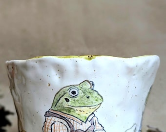 Hand-painted Frog Stoneware Mug  - Handmade Ceramic Coffee Cup - Rustic Pottery Gift - Cozy Mug - Pumpkin Mug-Unique Frog Illustration