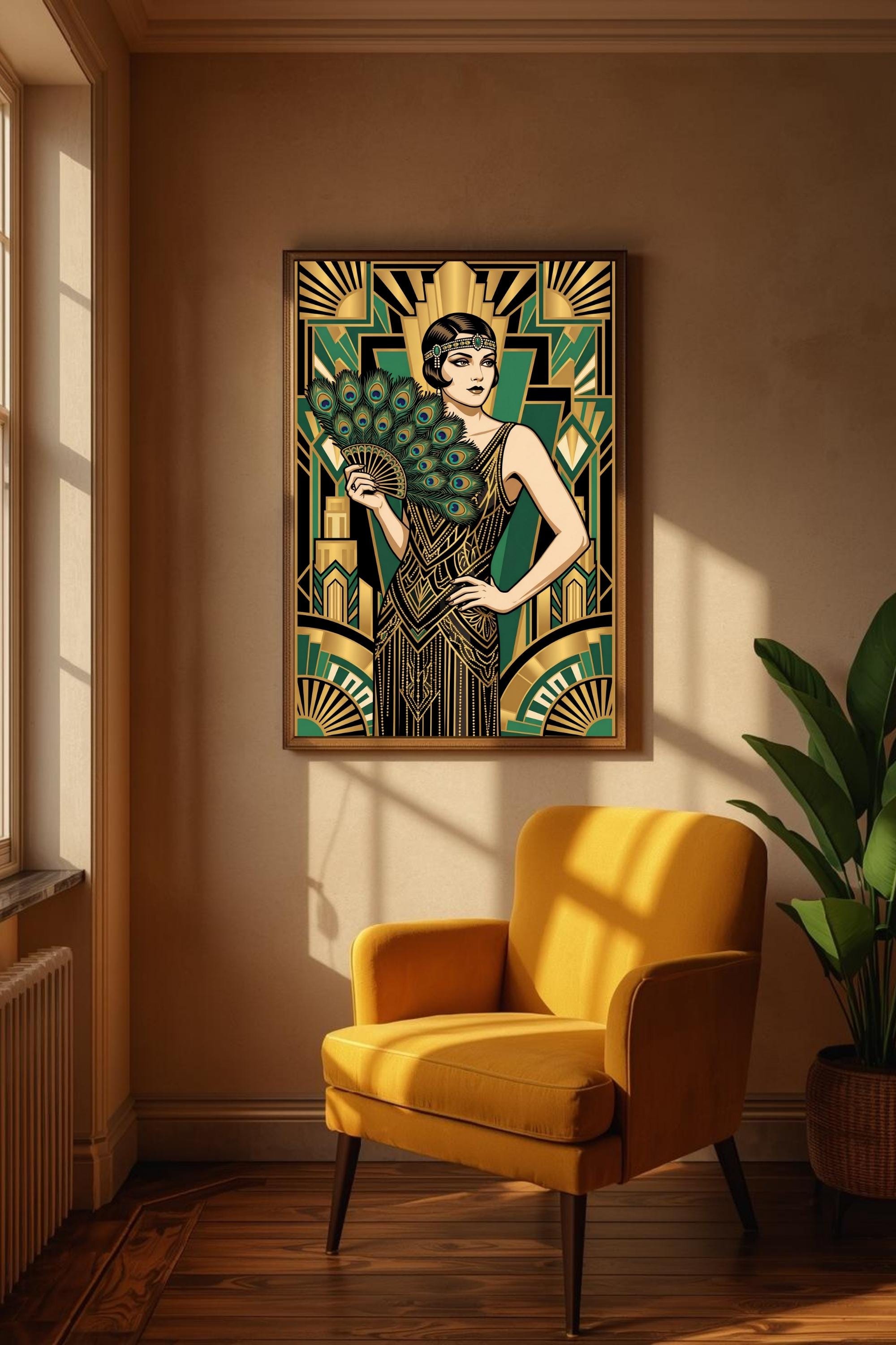 Emerald Green Art Deco Flapper Girl Print, Peacock Fan Wall Art ...