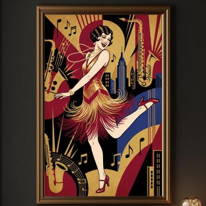 May include: Art Deco style framed print featuring a woman dancing in a red fringed dress, red heels, and a pearl necklace. The background includes musical notes, saxophones, and a city skyline in gold, red, black, and blue.