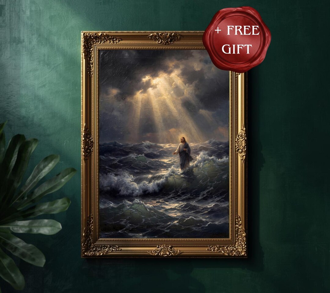 Vintage Jesus Walking on Water Art, Faith Over Fear Wall Decor, Bonus ...