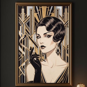 May include: Art Deco style print featuring a woman with dark hair and makeup, holding a cigarette in a long holder. She wears black gloves and diamond-shaped earrings. The background is a geometric design in gold, black, and white, framed in gold.