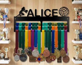 Appendino per medaglia da pallavolo personalizzato, espositore con nastro metallico personalizzato, decorazione per la cameretta delle bambine
