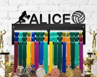 Custom Volleyball Medal Hanger, Personalized Metal Sports Ribbon Holder for Athlete Gifts, Girl's Room Decor, Running Awards Display