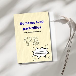 May include: A printable worksheet titled "Números 1-20 para Niños" in Spanish, featuring numbers 1, 2, and 3. The worksheet is on a cream-colored paper with blue text and a black outline of the numbers. Includes a bonus flashcards graphic.