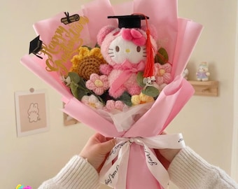 Personalized Graduation Plush Bouquet, Kawaii Crochet Flower Gift, Cute Handmade Sunflower Bouquet for Her