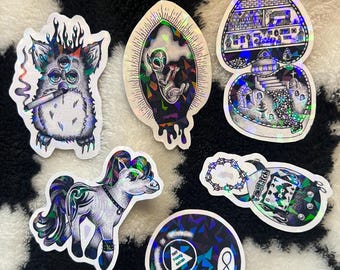 Stickerpakket: gotische nostalgische kunst uit de jaren 90, Shiny Furby Alien Blackwork Dotwork