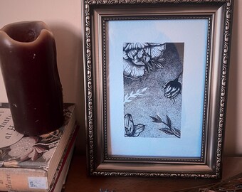Bloemenillustratieprint A5, zwart-witte kleine muurprint met stippen