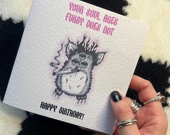 Goth Birthday Card, creepy 90s Toys Furby print
