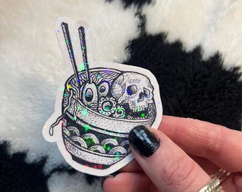 Sticker illustratie schedel ramen, glanzende noedels gothic tattoo