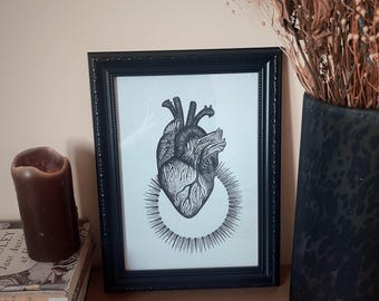 Anatomische hartkunstprint, A4-muurkunst, blackwork dotwork