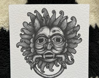 Kunstprint, macabere gotische illustratie, zwarte gotische wandprint van 15 x 15 cm (6 x 6 inch) met deurklopper.