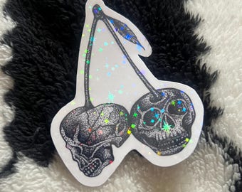 Hand Drawn skull cherries Illustration Shiny Sticker: Tattoo, Gothic, Dotwork, Blackwork, skull