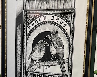 Magpies Matchbox illustratieprint, A3 zwarte stippenkunstprint