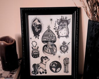 Gothic Art Print Furby, Black Tattoo Flash, A4, Dotwork Illustration
