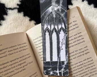 Bladwijzer gotische kerkraam, dotwork zwartwerk illustratie, gotisch lezer cadeau