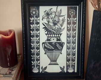 Bloemenvaasprint decoratieve illustratie, blackwork dotwork A4