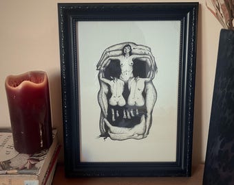 Salvador Dali Art, In Voluptas Mors, A4 zwarte dotwork schedelillustratie