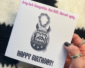 Gotische verjaardagskaart, speelgoedillustratie Tamagotchi uit de jaren 90