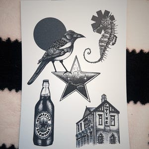 Newcastle Art print A4, dotwork blackwork magpie, Tyne Bridge brown ale bar
