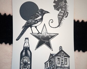 Newcastle Art-print, A4, dotwork blackwork ekster, Tyne Bridge brown ale bar