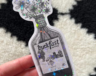Handgezeichnete Buckfast-Illustration, glänzender Aufkleber: Tattoo, Gothic, Dotwork, Blackwork