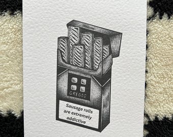 Illustratie van een saucijzenbroodje, A5 blackwork dotwork muurdecoratie