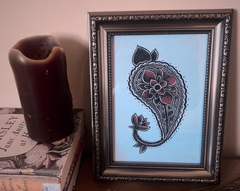 Paisley-muurkunst, bloemenillustratieprint, A5 zwarte stippen
