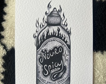 Neurospicy hot chilli sauce print illustration, A5 blackwork dotwork wall art