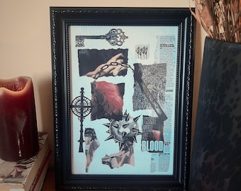 Middeleeuwse wapenkunst, mixed media illustratiecollageprint, A4, blackwork dotwork