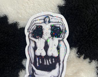 Dali-schedelsticker gotische kunst, glanzende dotwork-schedelillustratie