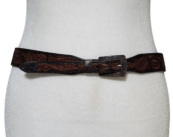 Vintage Tooled Leather Belt Sterling Silver Buckle Women&#39;s Size Small Unbranded